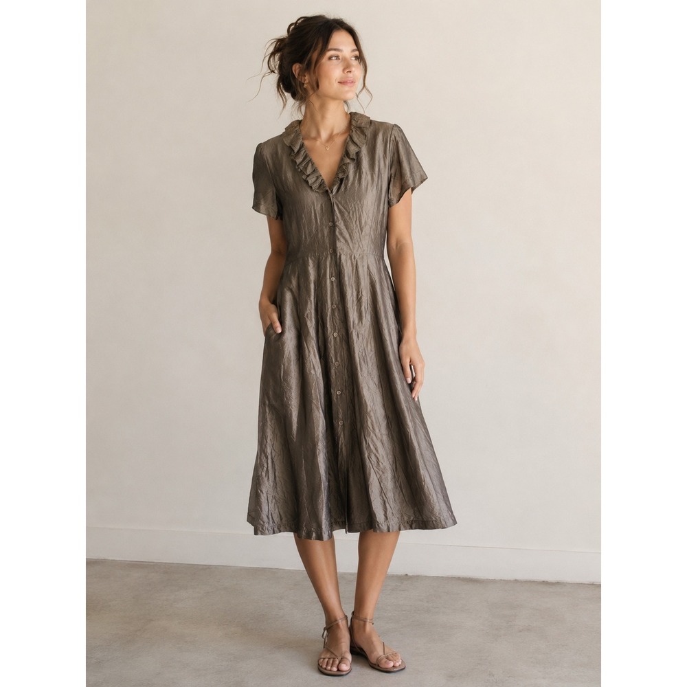 Dosa 100% Silk Ruffle Early Midi Dress Taupe Short Sleeve Size 1 Made in USA
